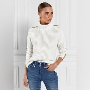 Holland Cooper Hoxton Chunky Knit Turtleneck Sweater Cream Gold Buttons M